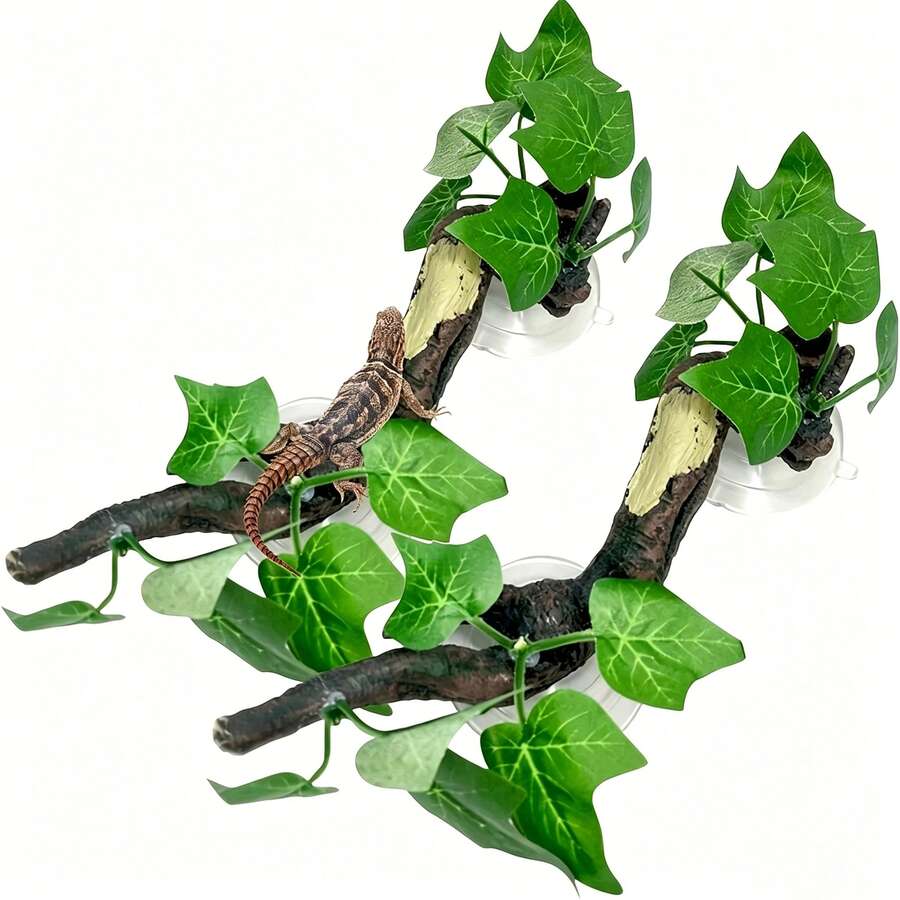 適合兩棲動物、蜥蜴與蛇攀爬的植物裝飾,逼真水族箱植物裝飾附吸盤樹脂壁虎水族箱配件,爬蟲樹枝攀爬裝飾,適用於蛇、蜥蜴、鬃蜥 - 彩色 - 查看 1