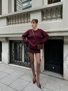 Daleeva Women's Solid Color Round Neck Drop Shoulder Long Sleeve Casual Sweater Fall - Burgundy - View 11