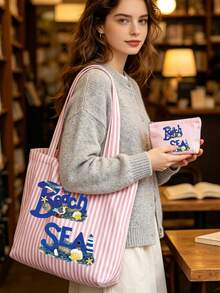 Pink Striped Tote Bag With "BEACH" Shell And Wave Pattern Print, Summer Theme. Large Capacity Striped Handbag And Makeup Bag, Casual Shoulder Bag, Lightweight Shopping Bag, Portable Cosmetic Storage Bag, Suitable For Travel, Shopping, Commuting And Daily Use, Gift For Women, Lovers, Friends, Birthday Gift, Holiday Gift, Party Gift, Vacation Gift, Back To School Gift, Anniversary Gift, Teacher Gift - Multicolor - View 8