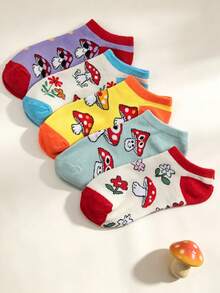 5/10 Pairs Cute Mushroom Smiling Face Floral Low-Cut Boat Socks, Colorful Contrast Color, Versatile Daily Commute Socks For Girls, Back To School Student Socks - Multicolor - View 3