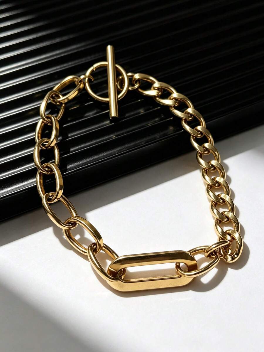 1 Stück, OT-Verschluss Klobiges Gliederkette Armband, Titanstahl vergoldet, hypoallergen neutrale Kette, elegantes Geschenk für Frauen - OT-Schnalle, dickes Gliederarmband - Übersicht 1