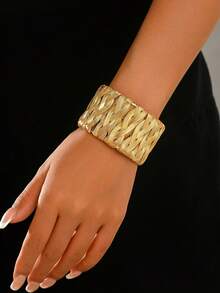 1pc Fashion Minimalist Hand-Woven Design Wide Open Metal Bracelet For Women, Suitable For Daily Wear - 金色-B1552 - 查看 2