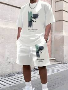 Men's Casual Two-Piece Set With Digital Print Summer English Love Bear Pattern, Round Neck Short Sleeve And Regular Fit Summer Outfits Men 2-Piece - White Top - View 1