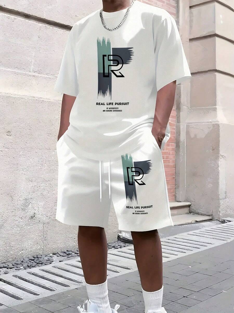 Men's Casual Two-Piece Set With Digital Print Summer English Love Bear Pattern, Round Neck Short Sleeve And Regular Fit Summer Outfits Men 2-Piece - White Top - View 1