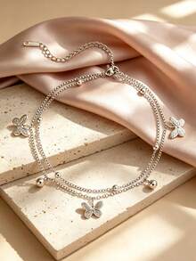 1pc Stainless Steel Double Layer Stacked Women's Anklet, Thin O-Chain Double Layer Foot Jewelry With 3D Embossed Butterfly And Round Bead Pendant, Beach Vacation Style, Gold Color, Fresh Summer Beach Outing Accessory For Sandals And Strappy Shoes, Photo-Ready, 2026 Qixi Valentine's Day, Versatile Foot Accessory - Anklets - View 6