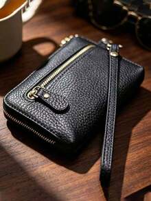 Lychee Texture PU Dual Zipper Coin Purse, Multi-Compartment Card Holder Key Pouch With Wrist Strap, Portable Storage Small Bag - Multicolor - View 2