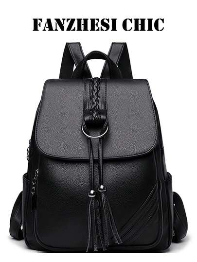 Solid Black Backpack Braided Drawstring Straps Multi Side Zipper Pockets Medium Capacity Travel Rucksack For Women Daily School Shopping