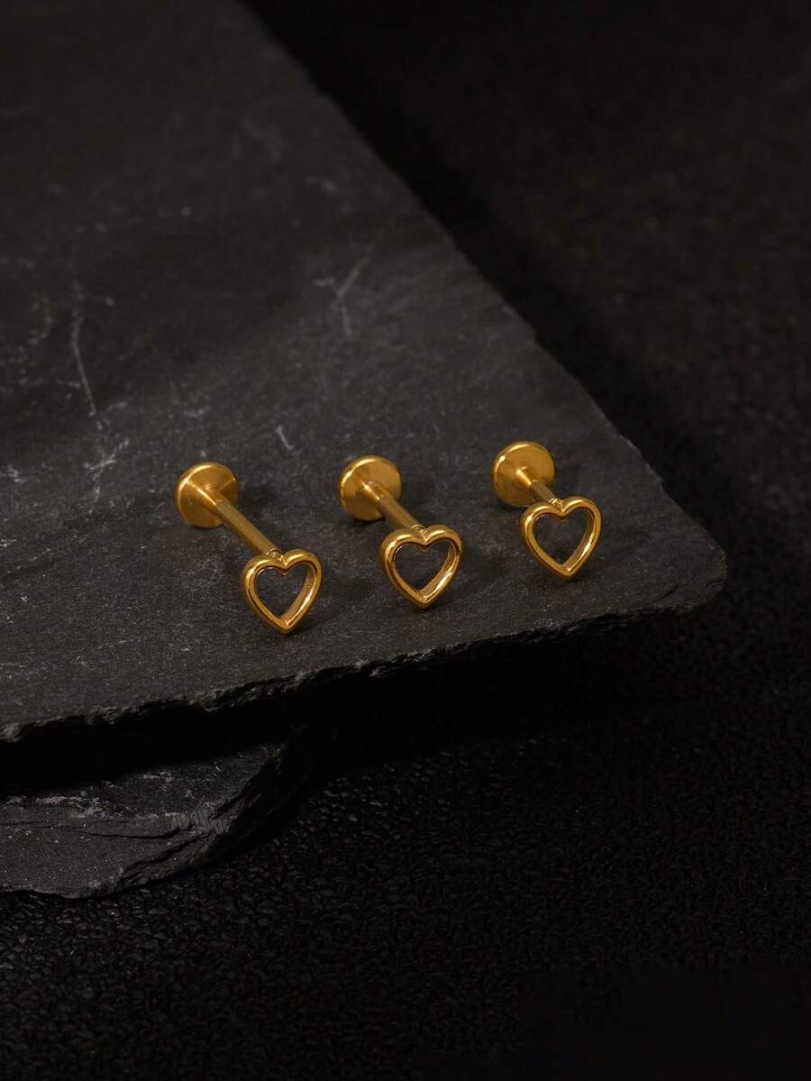 1pc 16G Titanium Steel Hollow Heart Flat Back Stud Earring | Stackable Earring | Cartilage Earring | Lobe Earring | Helix Earring - Hollow Heart - View 1
