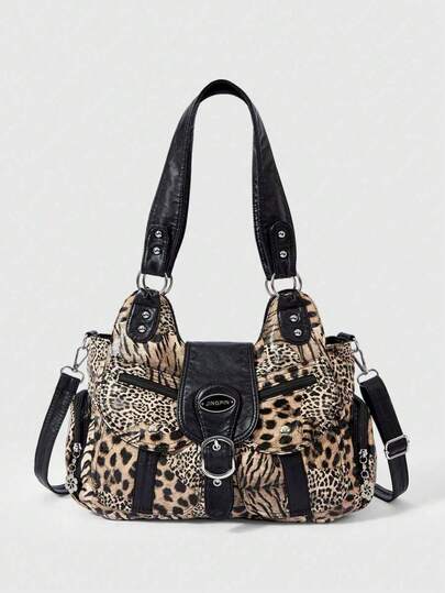 1pc Retro Punk Leopard Print Women Shoulder Bag, Vintage Locomotive Casual Handbag For Hot Girls