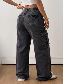 Curvy‑Size Pantalones holgados cargo de cintura alta sin elasticidad, lavado oscuro desgastado, estilo urbano informal para figuras curvy - Negro - Ver 4