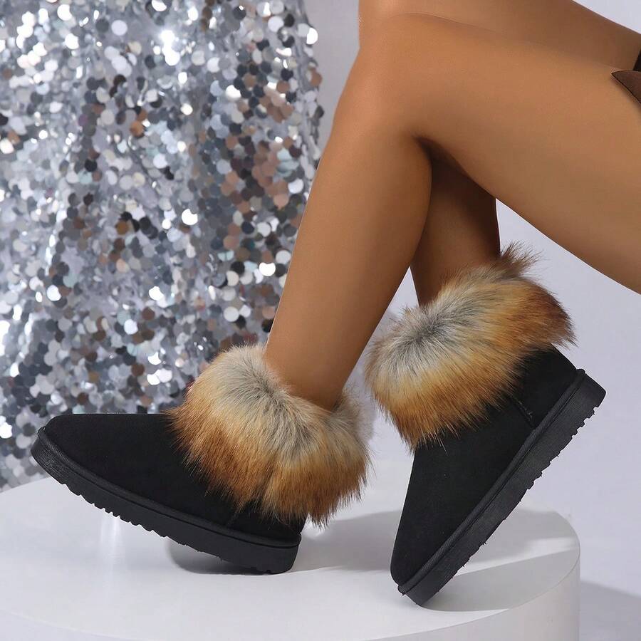 Black Fold-Over Gradient Short Snow Boots, Thick Fleece Lining Flat Sole Winter Slimming Ankle Boots - Black - View 1