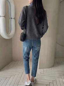 Korean Style Premium Lazy Denim Patchwork Front Button Long Sleeve Knit Cardigan - Dark Grey - View 6