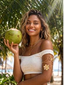 1pc Vintage Artistic Style High-Quality Iron Material Butterfly & Flower Hollow Carved Metal Arm Cuff, Adjustable Open Upper Arm Bracelet For Women, Summer Beach Music Festival Party Bohemian Accessory - Gold - View 5