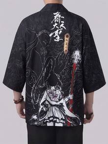 Japanese Haori Cover Up Kimono Summer Beach Vacation Sun Protection Casual Fashion Printed Top Palace Classic Retro Cover-Up - Black - View 4