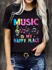 Damen-T-Shirt mit Musik-Grafikprint in Übergröße – Weiches Polyester-Mischgewebe, Rundhalsausschnitt, Kurzarm, mit dem Slogan "Music Is My Happy Place" und bunten Noten, maschinenwaschbar, lässiges Sommer-T-Shi - Schwarz - Übersicht 1