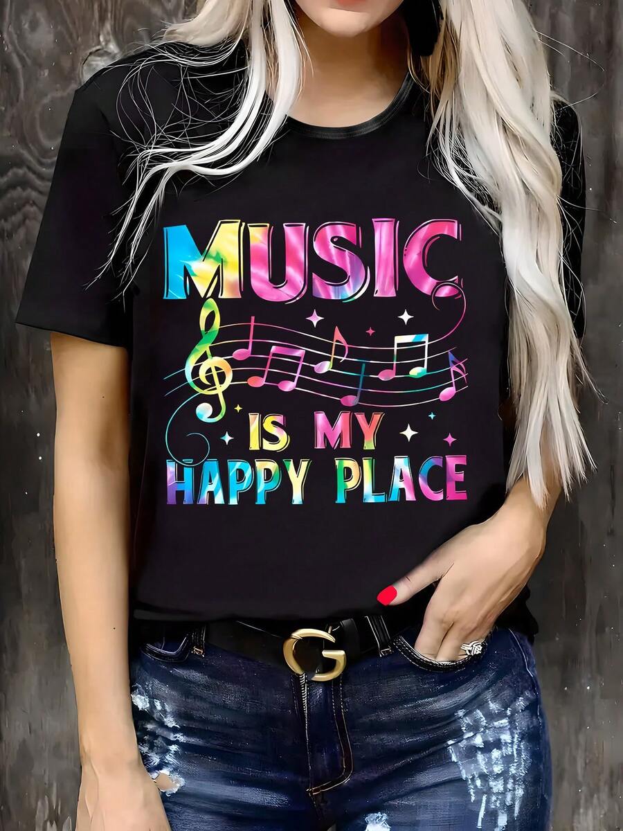 Damen-T-Shirt mit Musik-Grafikprint in Übergröße – Weiches Polyester-Mischgewebe, Rundhalsausschnitt, Kurzarm, mit dem Slogan "Music Is My Happy Place" und bunten Noten, maschinenwaschbar, lässiges Sommer-T-Shi - Schwarz - Übersicht 1