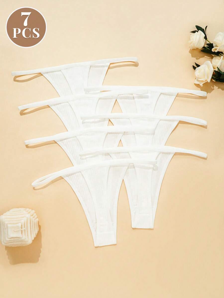 7pcs Women's Pure Cotton Ribbed Thong Panties, Soft Skin-Friendly G-String Briefs, Comfortable Triangle Underwear For Daily Wear, White - White - View 1