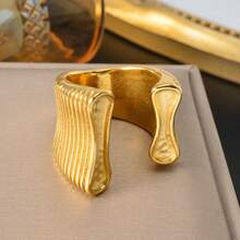 Thick Stainless Steel 18K Gold Plated Wave Wide Face Open End Ring, Suitable Both Men Women, Daily Party Street Dance Wear, Hip Hop Punk Jewelry - Gold - View 2