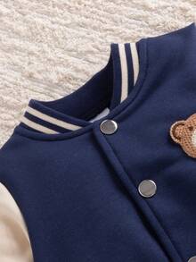 Spring/Autumn Boys' College Style Bear Baseball Jacket 2-Piece Set, Colorblock Raglan Long Sleeve With Cream Contrast Striped Collar, Cuffs And Hem, Matching Same-Color Elastic Cuffed Sweatpants, Suitable For School, Sports, Outings And Preschool, Cute Casual Outfit For Toddlers And Young Children - Royal Blue - View 5