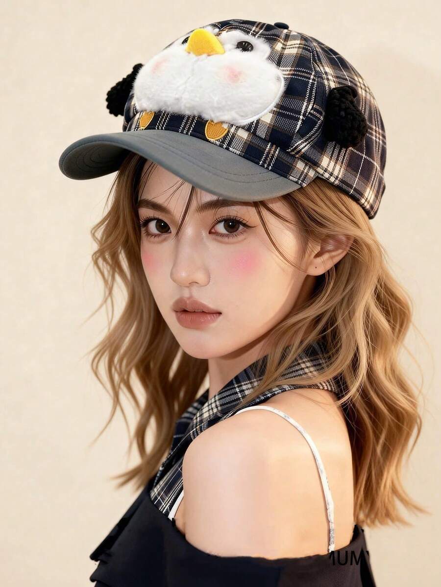 1件情侶卡通可愛企鵝復古格紋八角帽 毛絨卡通棒球帽 修飾臉型顯小 貝雷帽 適合休閒聚會日常穿搭 - A - 查看 1