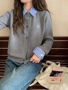 2-In-1 Plaid Patchwork Letter Embroidery Knit Cardigan - Grey - View 1