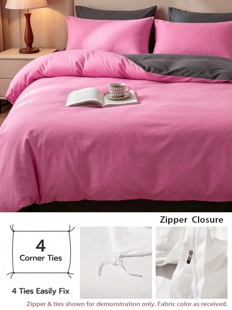 2-Tone Skin-Friendly Brushed Duvet Cover Set (1*Duvet Cover+2*Pillowcases), Soft And Comfortable, Suitable For Bedroom And Guest Room, Machine Washable, All-Season Use - Hot Pink - View 4
