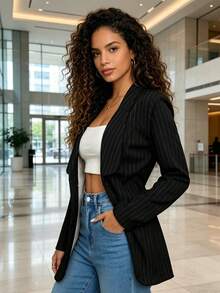Women's Elegant Lapel Striped Casual Jacket - 黑色 - 查看 2