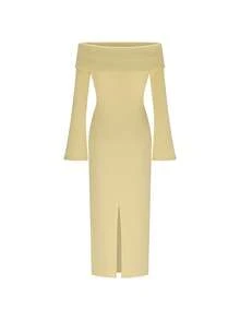 Elegant Yellow Off Shoulder Flare Sleeve Knit Maxi Dress For Women, Slit Hem Long Knit Outfit Suitable For Summer Autumn Dating & Daily Occasions - Yellow - View 7