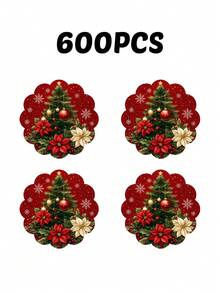 2/4/600入聖誕派對圓形餐墊 紅色主題 聖誕樹、一品紅、聖誕裝飾、雪花 13.78英吋亞麻材質 防滑耐熱可機洗 - 彩色 - 查看 11
