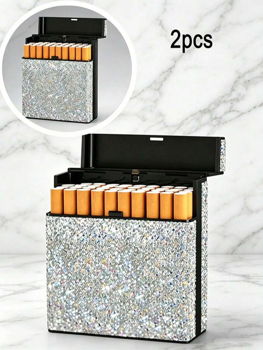 1pc Rhinestone Shiny Cigarette Case, Large Capacity Holds 40 Thick Cigarettes, One-Touch Flip Lid, Anti-Drop Compartment Cigarette Storage Box, Luxury Birthday Housewarming Gift For Men And Dad - Multicolor - View 1