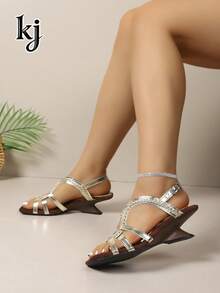 Women's High Heel Sandals, Non-Slip Comfortable Soft Sole Leather Woven Knotted Solid Color Square Toe Low-Top Cross Strap Back Strap Ankle Buckle Asymmetric Chunky Heel Sandals, European And American Vintage Style, Spring Summer Office Commute Date Shopping Vacation Travel Daily Wear, Beige Brown Color Block Women's Shoes - Gold - View 2
