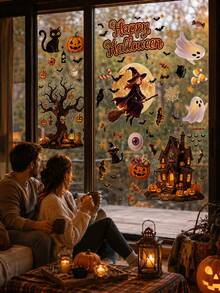 2/4pcs Halloween Window Decals, Cute Haunted House Tree Wizard Ghost Pumpkin Black Cat Bat Candy Glass Stickers, Removable Static Cling Decals, Suitable For Windows, Porch, Living Room, Party, Indoor Autumn Haunted House Halloween Trick Or Treat Decor - Multicolor - View 4