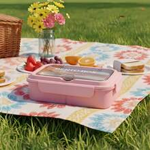 1pc Pink Bento Box, Compartment Food Storage Container, Lunch Box With Spoon And Fork, Microwave Food Storage Box, Leak-Proof Snack Box - Multicolor - View 4
