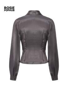 ROSIE POPHUB Women Grey Satin V Neck Long Sleeve Blouse Ruched Button Front Slim Fit Shirt Elegant Commute Party Christmas Top For Fall Winter - Dark Grey - View 8
