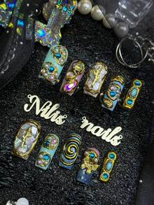 10pcs Handmade Fully Covered Square Nails Press On Nails, Mint Blue&Blue Nails, Ginger Nails, Silver Cat Eyes,Luxury Baroque Reusable Fake Nails,With Jelly Glue&Nail File,Suitable For Daily Beach Wedding, Girly Ocean Elegant Manicure Gift - Multicolor - View 3