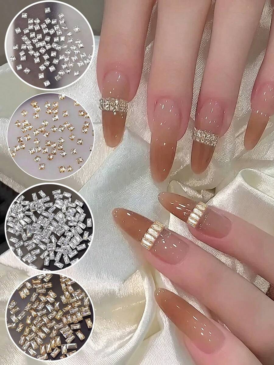 1 Pack Super Shiny Mini Square Champagne Zirconia Flat Back Rhinestones, Small Nail Art Decorations, Suitable For DIY Diamond Mosaic And Ring Decoration - Multicolor - View 1