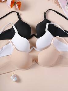 3pcs/Set Teen Girls Solid Color Smooth Underwire Bra, Adjustable Spaghetti Strap Multi-Hook Back Closure Everyday Lingerie - Multicolor - View 3