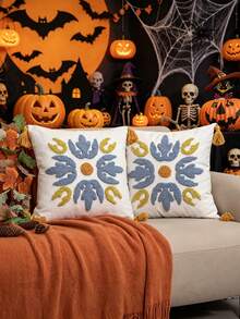 1 Stück/2 Stücke bunte Blumenmuster Kissenbezug, quadratischer Kissenbezug aus Segeltuch, Stickerei mit Schlaufen-Garn und Eck-Quasten-Akzenten, Halloween dekorativer Kissenbezug, Wohnzimmer Schlafzimmer Veranda Sofa, Landhausstil tägliche Heimdekoration, ganzjährig, ohne Füllung, 45*45cm - Verschiedenfarbig - Übersicht 7