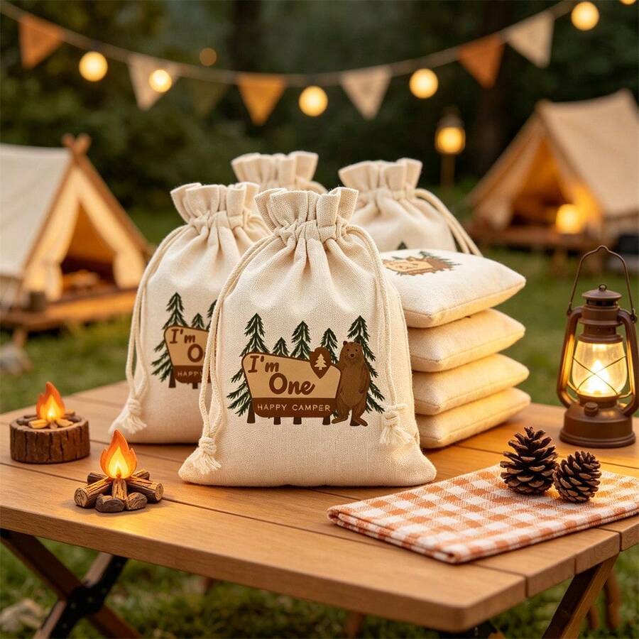 5pcs/Set Camping Theme I'm One HAPPY CAMPER Birthday Party Decoration Drawstring Bags, Camping Party Decor Supplies, Party Gift Bags - View 1