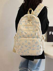 3-Piece Set Blue And White Nylon Casual Fresh Style Strawberry Bow Cherry Pattern All-Over Print Braided Pendant Zipper Pull Large Capacity Foldable Multi-Pocket Zipper Backpack Set Suitable For Women's Daily Matching, College Students' Class Training Bag, Students' School, Outing Shopping Travel Storage Bag - Blue and White - View 4