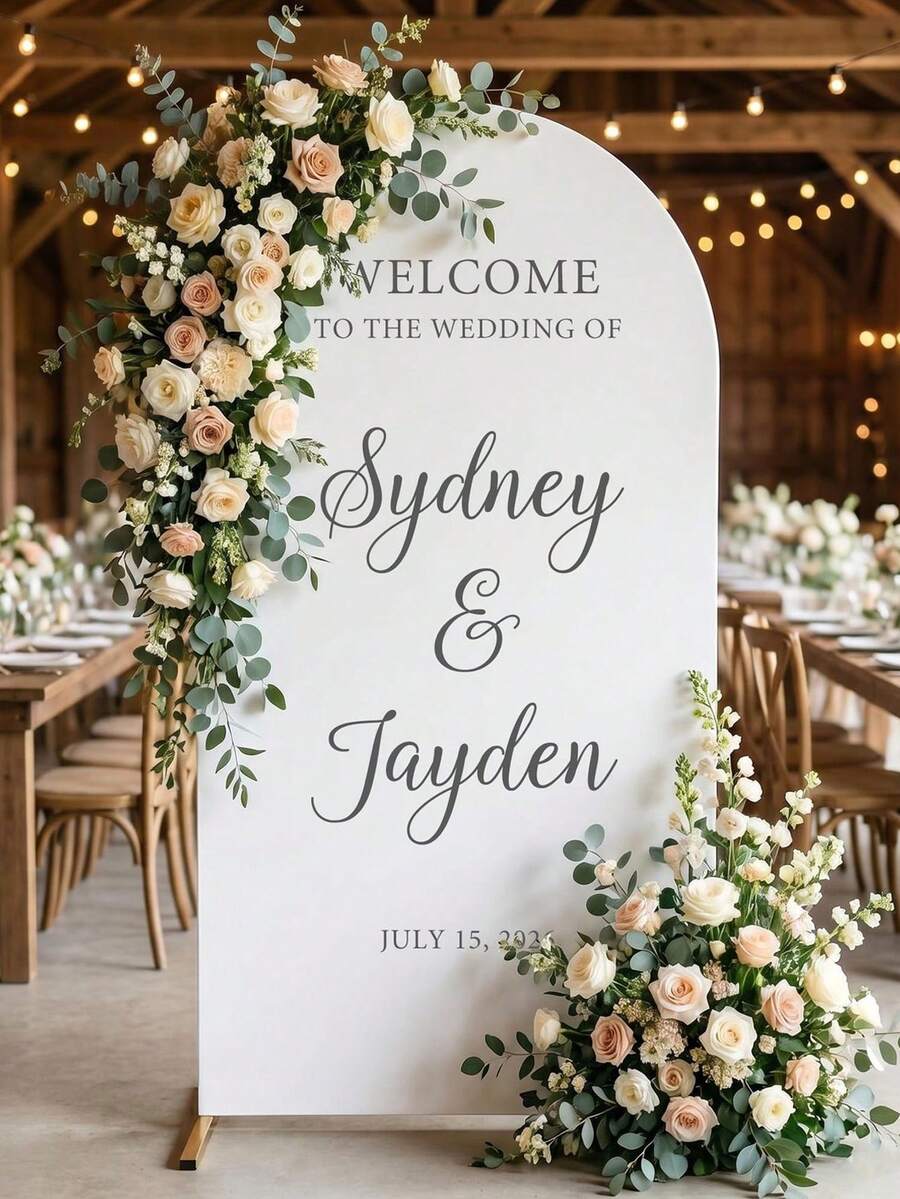 Customizable Wedding Arch Fabric Decor Cover, Personalized Photo/Name/Date/Text, Polyester Double-Sided Stretch Backdrop, Party Decoration, Wedding Welcome Sign, Bridal Gift, No Power Required, Suitable For Wedding, Birthday, Party - Multicolor - View 1