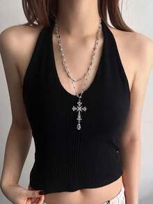 1pc Y2K Gothic Double Layer Crystal Bead Cross Rhinestone Water Drop Pendant Necklace, Stackable For Women And Girls, Punk Street, Nightclub Party, Daily Date, Hip-Hop Dark Style Neck Accessory - Cross Pendant Necklace - View 12