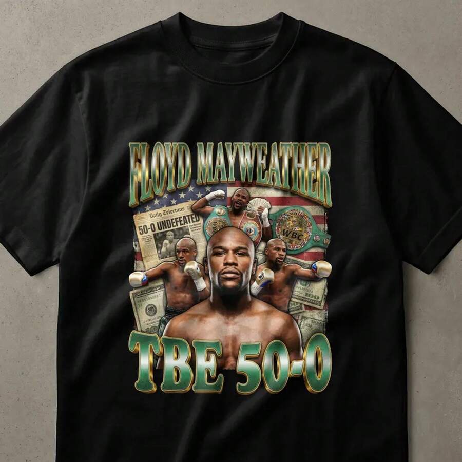 Floyd Mayweather 50-0 T-Shirt, Boxing Legend TBE Fan Apparel, Champion Athlete Gift Tee For Men - 黑色 - 查看 1