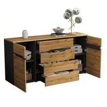 Aparador de salón 160*40*80 cm, aparador bajo con 2 puertas y 4 cajones, aparador de comedor, amplios compartimentos sin tirador, mueble auxiliar para sofá, color madera + negro - Color natural - Ver 6