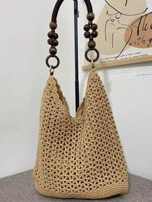 Dedoo 夏季鏤空鉤編網格托特包，肩帶接縫處裝飾兩顆原木色珠飾，適合度假與日常通勤 - 卡其色 - 查看 7