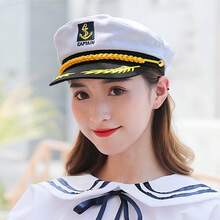 2pcs Halloween White Sailor Hat, Round Top White Anchor Rolled Edge Captain Hat Solid Color, Sailor Cap - Multicolor - View 3