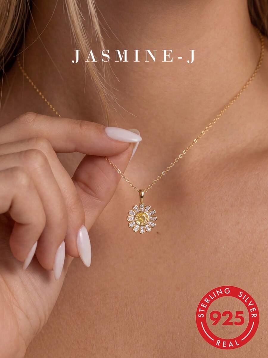 1 pieza Collar con colgante de margarita de diamantes de plata de ley S925, Collar de plata de ley, Chapado en oro de 14K, Collar de oro, Collar para mujer, Incrustado con diamantes amarillos, Collar de flor, Diseño único, Elegante versátil de alta gama, Adecuado para el uso diario y reuniones de mujeres - Multicolor - Ver 1