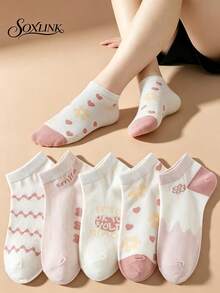 5 Pairs Light Pink Soft Style Short Socks For Women, Heart Flower Wave Stripe Letter Tube Socks, Korean Style Spring Summer Thin Short Socks, Suitable For Daily Wear. - Multicolor - View 3