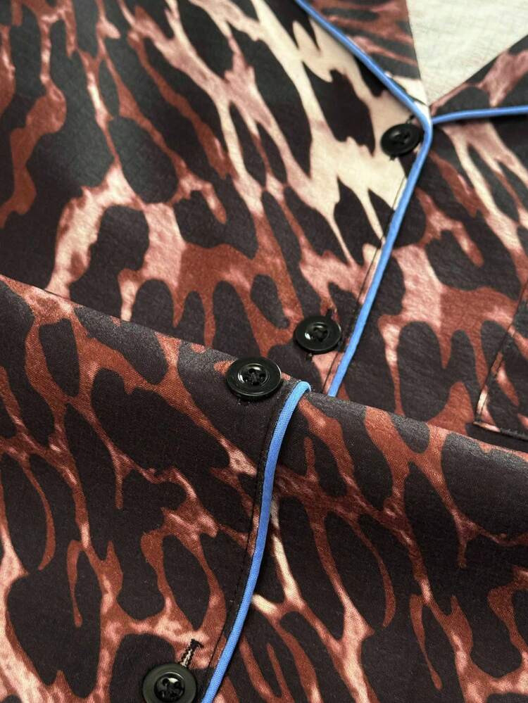 Women's All-Over Leopard Print Front Button Pajama Set, Contrast Trim Lapel Long Sleeve Long Pants 2 Pieces Loungewear Set - Multicolor - View 7