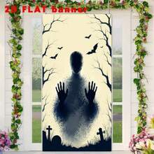 2D Flat 1 Piece Of Halloween Horror-Themed Banner Background, Featuring Shadowy Human Silhouettes, Bats, Dead Branches, And Tombstones. Made Of Polyester Material. - 90 X 180 cm - View 6